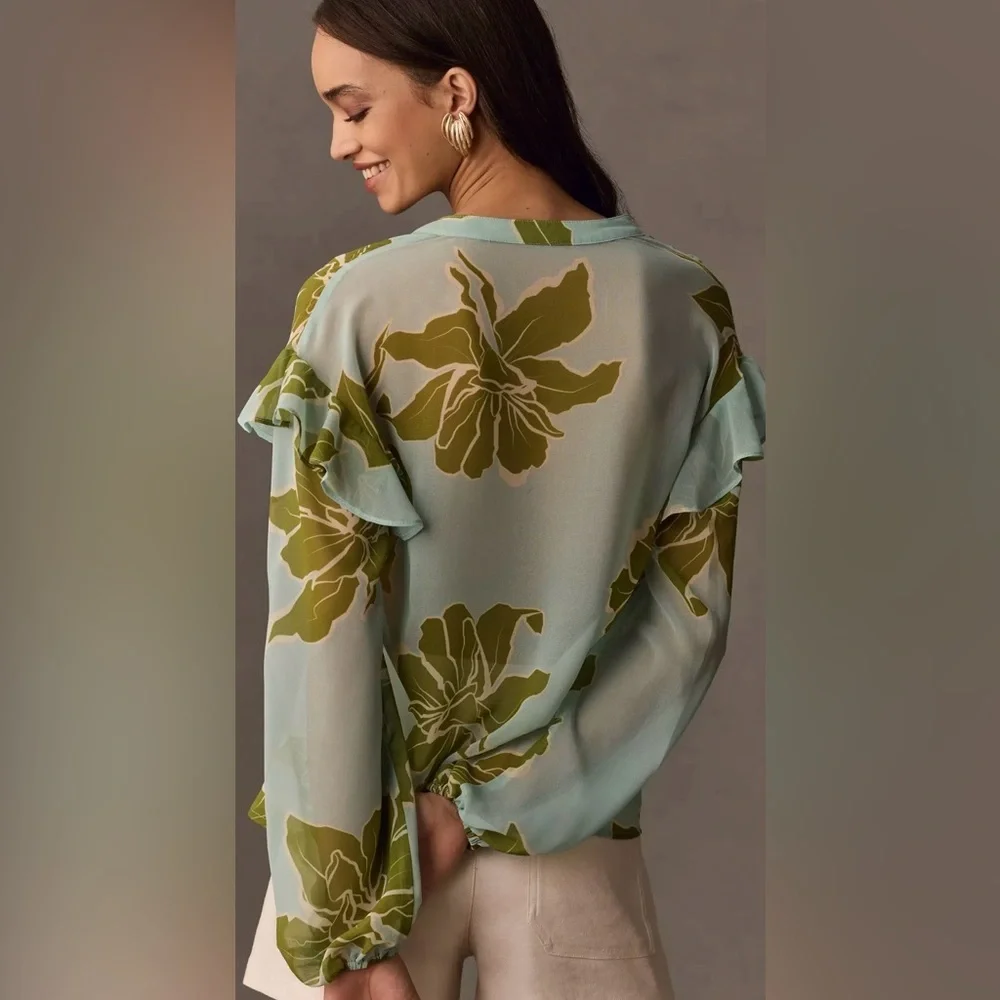 Anthropologie Hutch XXS Olive & Aqua Floral Ruffle Sleeve V Neck Sheer Blouse - Picture 2 of 9